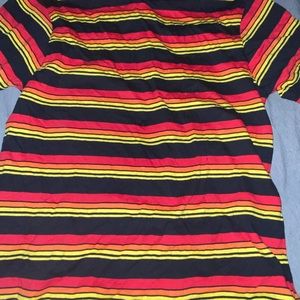 CSG red, yellow, orange and black striped t-shirt
